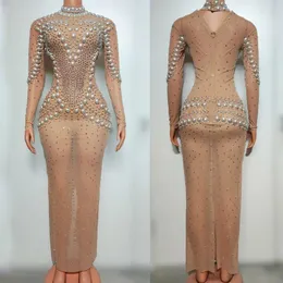 Bühnenkleidung Große Perlen Rhinestones Kleid Sexy Perspektive Mesh Abendkleider Frauen Feiern Kostüm Festival Outfit XS7622
