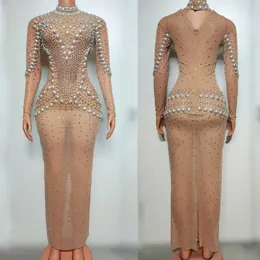 Stage Wear Big Pearls Rhinetstones Dress Sexy Perspective Mesh Evening Dresses Women Celebrate Costume Festival Outfit XS7622