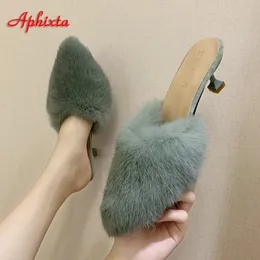 Aphixta/зимние плюшевые женские тапочки на тонком каблуке 6 см из натурального кроличьего меха, теплая меховая обувь, шлепанцы для волос, pantuflas mujer 240118