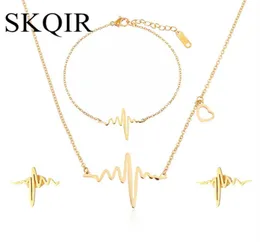 مجموعات مجوهرات نبضات القلب Skqir للنساء هدية الذهب الفضة الفولاذ المقاوم للصدأ القلادة الأقراط المجوهرات set157f1959362