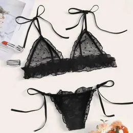 BRAS SET SEXY BOWKNOT SOLE TIRLESS BRA SET FÖR KVINNA DOT MESH V NECK BANGAGE LINGERIE THONG Underwear Lingerine Outfit