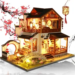 DIY Wooden Dollhouse Chińska architektura miast Doll Dolls z meblami zabawkami dla dzieci Przyjaciel urodzinowy Prezent 240202