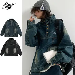 Vintage Street Denim Sweatshirt Erkek Kadın Sıkıntılı Yüksek Boyun Gevşek Ceket Hiphop Sıradan Pullover Ceket Kargo Unisex 240202