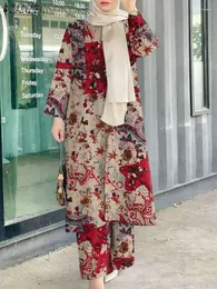 Ethnische Kleidung ZANZEA Vintage Floral Bedruckte Lange Ärmel Lose Tops Hosen Sets Dubai Abaya Anzüge 2PCS Frauen Islamischen Muslim