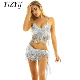Stage Wear Women 2Pcs Belly Dancing Costume Shiny Sequins Tassels Crop Top With Fringe Hip Scarf Set Latin Salsa Samba Folk Dance Outfits