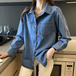 Blusas femininas azul profundo denim camisa 2024 primavera casual manga longa lapela metal única linha breasted algodão macio versátil topo