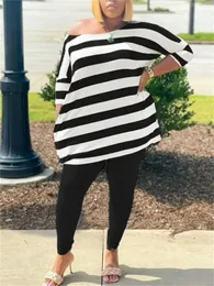 Artı boyutu kadınlar çizgili üstler ve kalem pantolonları bahar iki parçalı kadın tasarımcı bezi gündelik sweatshirt eşofman 240124