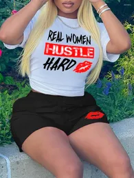 Kvinnors spårningsdräkter LW Hustle Hard Lip Print Shorts Set Simple O Neck Short Sleeve White T-Shirtelastic Midje Matching
