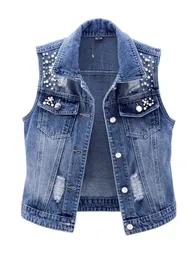 Denim Women Vest Luxury Pearls Fashion Ripped Autumn Jeans Jacket Sleeveless Loose Short Coat Causal Waistcoats 5XL 240125