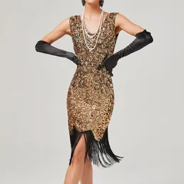 1920. Vintage Faper Great Gatsby Party Dress V-Neck Rleeveless Sukienki o cekinowym stylu z frędzlami