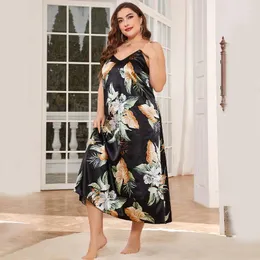 Women's Sleepwear Summer Satin Large Size Nightgown For Fashion Casual Loose Print Home Wear Sexy V-Neck Suspender Nightdress