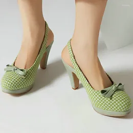 Sandaler Mint Green Tweed Houndstooth-mönster Stängt tå Classic Women Platform Sumer Spike High Heels Slingback Shoes Storlek 34-48