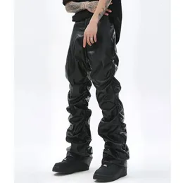 Хип-хоп Мужские плиссированные брюки из искусственной кожи Harajuku Ретро Уличная одежда Свободные повседневные брюки с рюшами Прямые однотонные черные брюки 240129