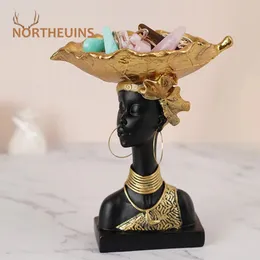 NORTHEUINS Resin Black African Woman Storage Figurines for Interior Exotic Figure Statues Desktop Entrance Keys Container Decor 240130