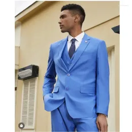 Ternos masculinos suaves azul masculino fino ajuste 3 peças lapela entalhe único breasted casamento noivo traje homme smoking sob medida blazers masculinos