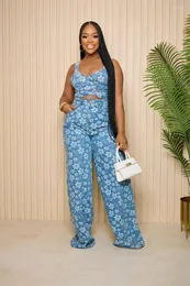 سراويل سراويل للسيدات Znaiml Womens 2 Outfit Clubwear Birthday Crop و Wide Leg Have Festival Ploral Print Denim Pant Pants