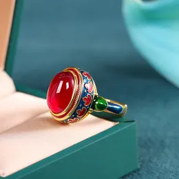 Ring, enamel, red corundum, ethnic style, women's ring, S925 silver jewelry, live mouth hand ornamentThe opening is adjustable