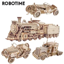 Robotime rokr 3d quebra-cabeça móvel vapor traincarjeep montagem brinquedo presente para crianças adulto modelo de madeira blocos de construção kits 240124