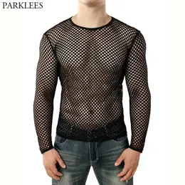 Mens Transparent Sexy Mesh T Shirt See Through Fishnet Long Sleeve Muscle Undershirts Nightclub Party Perform Top Tees 240122