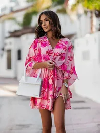 Günlük elbiseler zarif ofis elbisesi için wome yarasa kolları çiçekler baskı bohem plajı tatil sundress kadınlar yaz ruffl mini