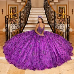 Purple Shiny Sweetheart Ball Gown Beaded Quinceanera Dress Spaghetti Strap Princess Corset Dresses Applices Crystal Vestidos de 15