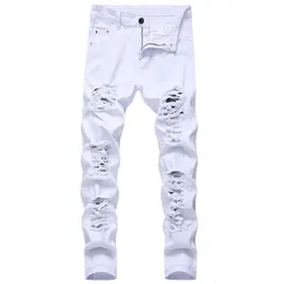 Calças de brim brancas masculinas moda hip hop rasgado homens magros calças jeans magro ajuste estiramento angustiado zip calças jeans de alta qualidade 240119