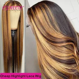 34Inch Bone Straight Highlight Lace Front Hume Hair 427 Ombre 134 Spets Frontal Wigs 136 Honey Blonde Colored Wigs for Women 240118