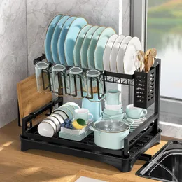 Doppelschichtiger Geschirr-Trockenständer mit Abtropfschale, Aufbewahrung für Küchenspüle, platzsparender Theken-Organizer, Geschirr-Abtropfbrett 240125