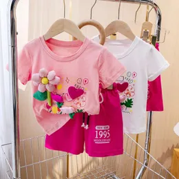 Kleidungssets 2-teiliges Set für Mädchen, süße 3D-Blumenapplikation, weiches und gesundes Oberteil aus reinem Baumwollstoff, rosa, knielang, vielseitige Shorts, 2-teilig