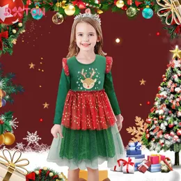 فتاة الفتاة Dxton 2024 فستان عيد الميلاد للفتيات الطيران الأكمام الشتوية الأميرة الحزب الترتر elk سنة ملابس الأطفال