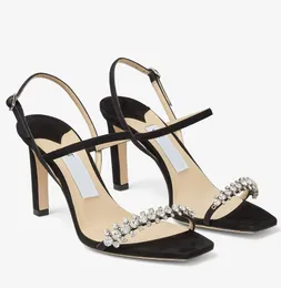 2024 Italy Design Women Meira Strass Strappy Sandals Shoes Women Patent Leather Black Nude Party Dress Wedding High Heels Lady Comfort Walking Elegant Footwear Heel