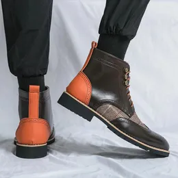 Мужские мотоциклетные ботинки из искусственной кожи, винтажные высокие броги, резные кожаные ботинки на шнуровке в британском стиле, деловая повседневная обувь для парикмахеров