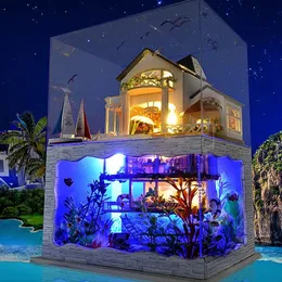 DIY Miniature Dollhouse Casa Kit Big House Sea Villa Trädocka House med möbler Rumlåda Byggande barnleksaker Födelsedagspresenter 240202