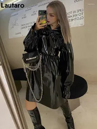 Casual Dresses Lautaro Reflective Patent Leather Dress Women Long Sleeve Ruffle Collar Elastic Waist Knee Length Pvc For 2024 Xxl