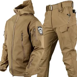 Masculino grosso casca macia inverno trabalho militar sharkskin tempestade jaqueta de veludo caminhadas roupas pesca conjunto de duas peças fatos de treino 240129