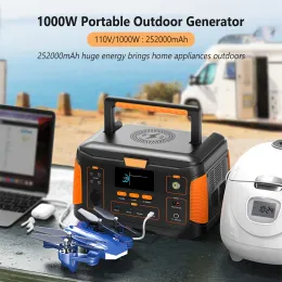 Bärbar solgenerator 1000W Power Bank Station 110V 252000mAh utomhus laddare Emergency för camping, trådlös laddning