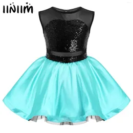 Sahne Giyim Iiniim Kids Kızlar Kolsuz Yuvarlak Boyun Sequins Dekor Mesh Patchwork Style Kontrast Renk Tutu Bale Dans Elbisesi