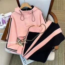 Kvinnor Winter Y2K kostym Pink Tracksuit Hooded tröja Top och Pant Two Piece Set Outfit Women Fashion Casual Street Clothing 240124