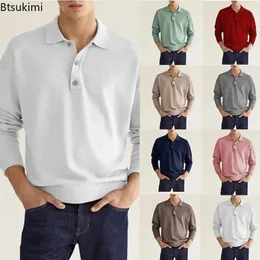 2024 Spring Autumn Men's Solid Vneck Longsleeved Tshirts Fashion Casual Button Pullovers Tops Outdoor Polo Shirts For Men 240123