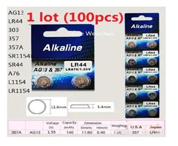 100pcs 1 lote baterias AG13 LR44 303 357 357A SR1154 SR44 A76 L1154 LR1154 155V bateria alcalina de célula de botão coin8451468