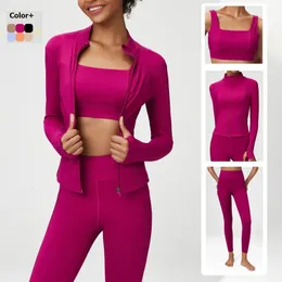 2/3 peças de fitness yoga conjunto feminino cor sólida estiramento atlético terno sexy sutiã com zíper jaqueta cintura alta leggings feminino roupas esportivas 240124