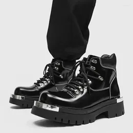 Boots Men Lace Up Platform Ankle Metal Decor Motorcycle Punk Style Couples Leather Shoes Male Harajuku Streetwear