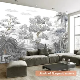 灰色と白いアートペインティングパイントロピカルジャングルツリーリーフコンタクトウォールペーパーハウスの改修壁の装飾壁画リビングルームスタディ240122