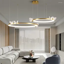 Deckenleuchten Nordic Led Ring Licht Kreative Gold Kunst Acryl Schmetterling Metall Wohnzimmer El Schlafzimmer Café Bar Mädchen Lampe