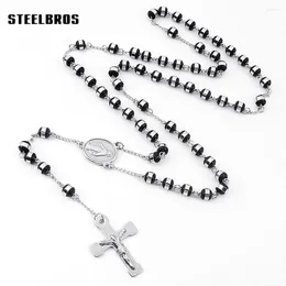 Colares Pingente Steelbros 6mm Black Beads Católico Rosário Colar de Aço Inoxidável Jesus Crucifixo Cruz Homens Mulheres Jóias Religiosas Presente