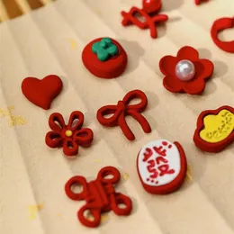 Decorações de arte de unhas estilo chinês joias de liga de diamante vermelho festivo nacional em forma de coração flor fortuna caqui acessórios de arco