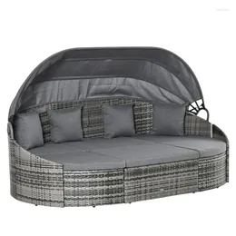 Camp Furniture Grey Outdoor Round Daybed 4 Pieces Wicker Rattan Soffa med takskuddar Kuddar för gräsmatta trädgårds trädgård