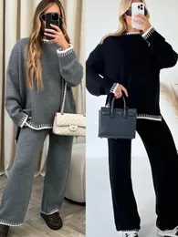 Striped Elegant Women Knitted Suit Split Sweater Top And Elastic High Waist Straight Pants 2 Pieces Set Female Autumn Winter 240202