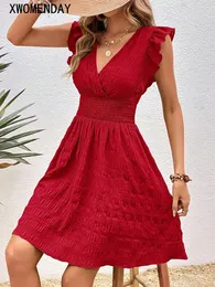 Elegante das mulheres verão casual fino ajuste mangas vermelhas férias praia vestido moda com decote em v a linha novo vestido 2024 240210