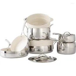 Cookware Sets 12 Piece Triply Stainless Steel Pots And Pans Set W/Non-Stick Non-Toxic Ceramic Interior Steamer Inserts